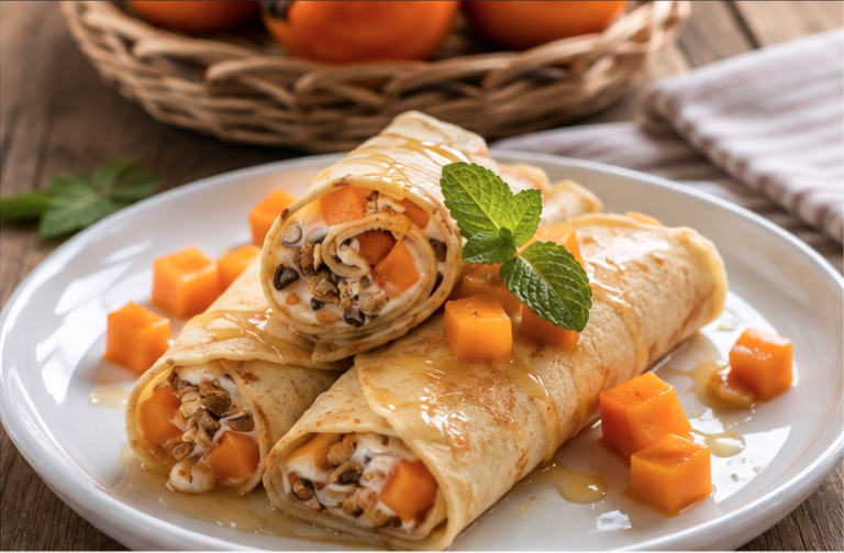 Crepes de Kaki Bouquet® con yogurt, muesli y miel